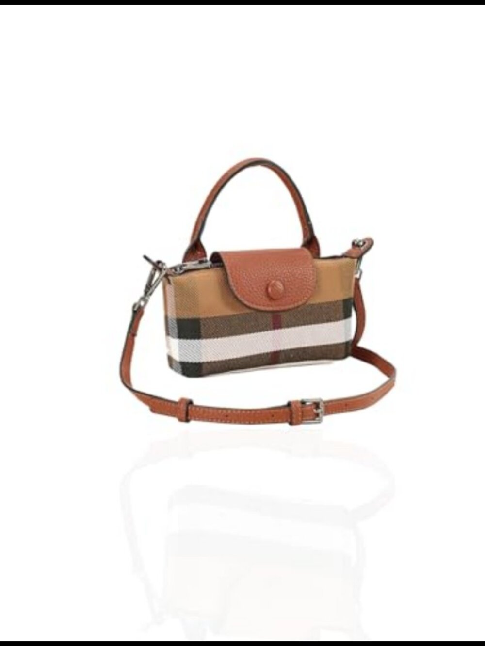 Mini Plaid Canvas Crossbody Handbag PU Leather Top Handle Bucket Bag